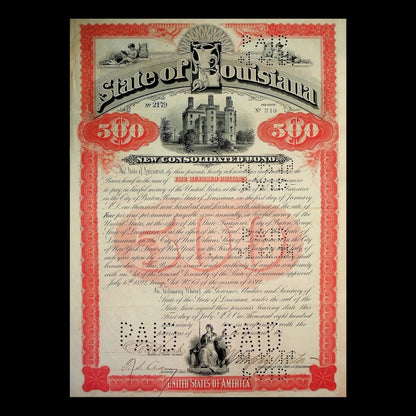  State of Louisiana bond with red and black design elements.