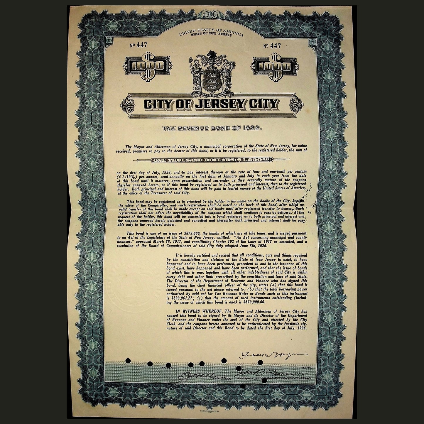 City of Jersey City School Bond Certificates from 1910s-1920s