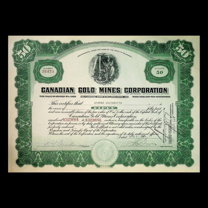 Canadian Gold Mines Corporation Stock Certificate from 1920s