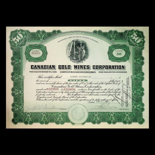 Canadian Gold Mines Corporation Stock Certificate from 1920s