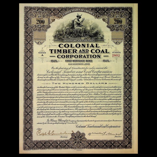 Colonial Timber and Coal Corporation Uncancelled Bond Certificate from 1922 - Colorado