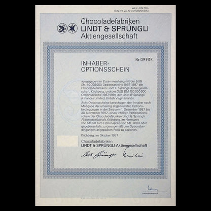 Lindt & Sprüngli Chocolate (Chocoladefabriken Aktiengesellschaft) Warrant Certificate in German from 1987