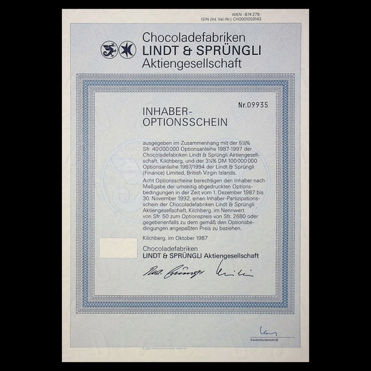 Lindt & Sprüngli Chocolate (Chocoladefabriken Aktiengesellschaft) Warrant Certificate in German from 1987