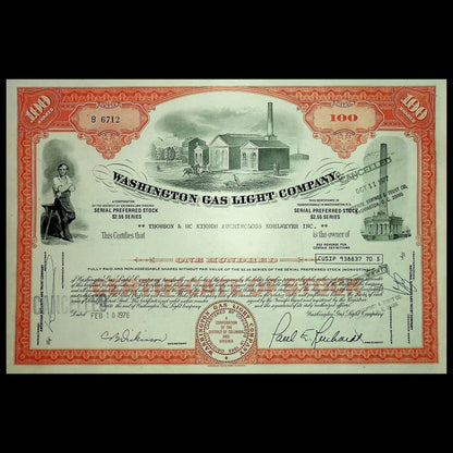 Washington Gas Light Company Stock Certificate from 1960s/70s