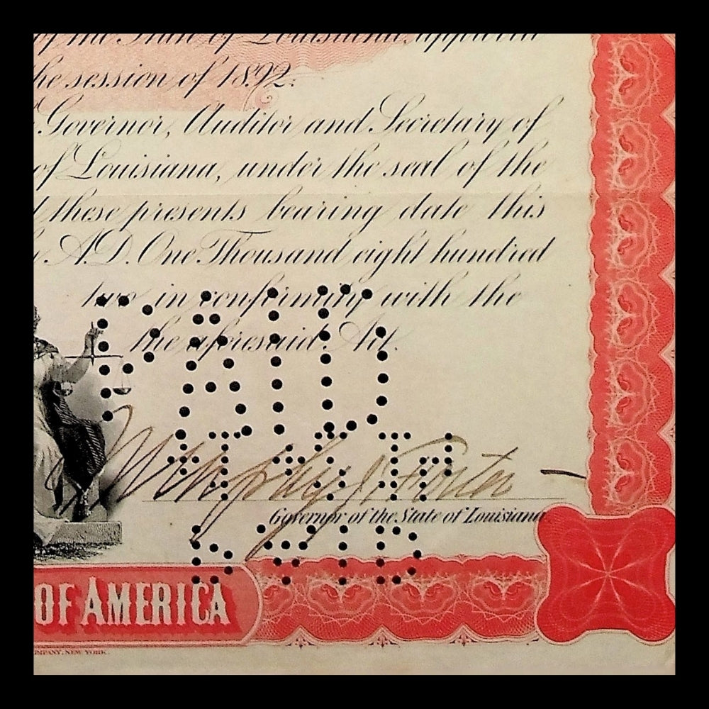 State of Louisiana Bond Certificate from 1892 Signed By Mayor Murphy J. Foster