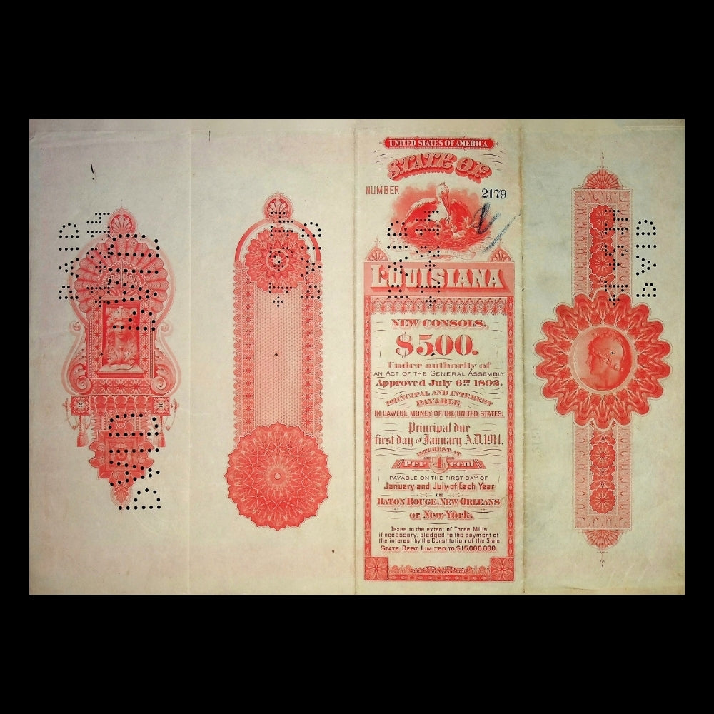 State of Louisiana Bond Certificate from 1892 Signed By Mayor Murphy J. Foster