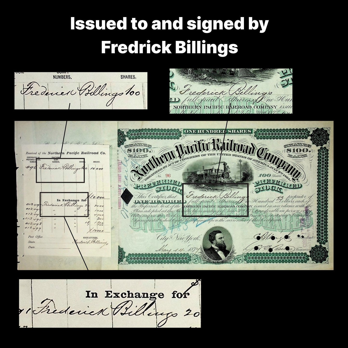 Vintage Northern Pacific Railroad Company stock certificate with signatures and text.