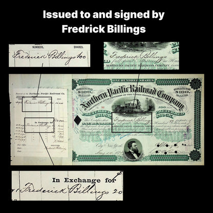 Vintage Northern Pacific Railroad Company stock certificate with signatures and text.