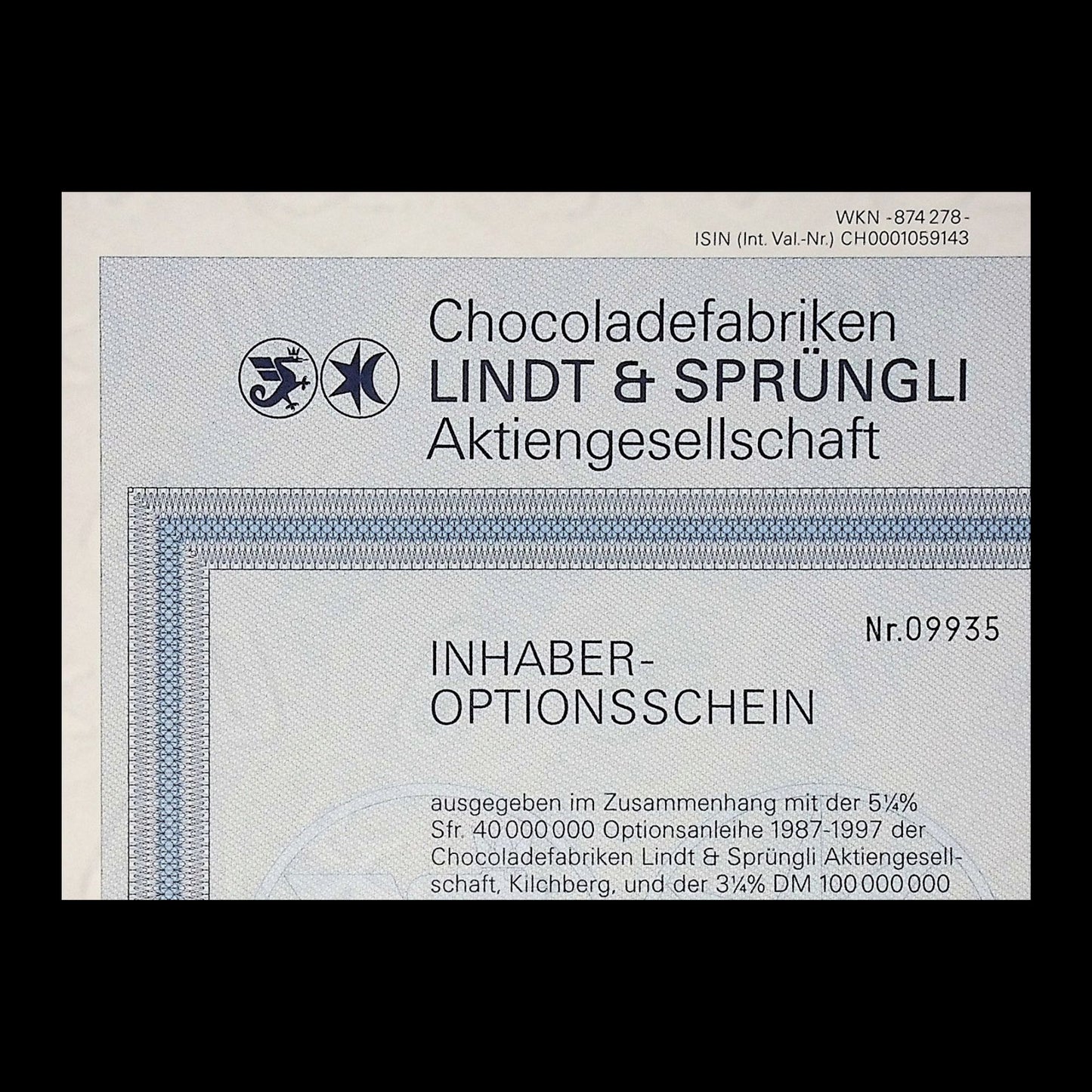 Lindt & Sprüngli Chocolate (Chocoladefabriken Aktiengesellschaft) Warrant Certificate in German from 1987