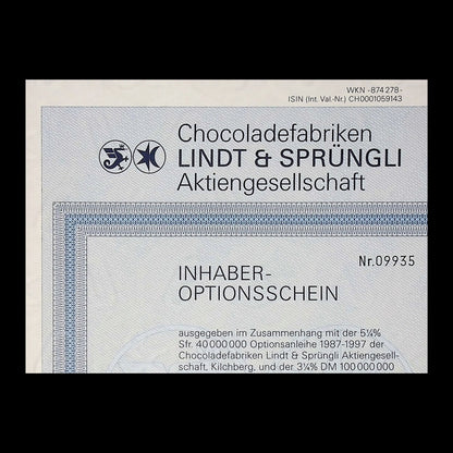 Lindt & Sprüngli Chocolate (Chocoladefabriken Aktiengesellschaft) Warrant Certificate in German from 1987