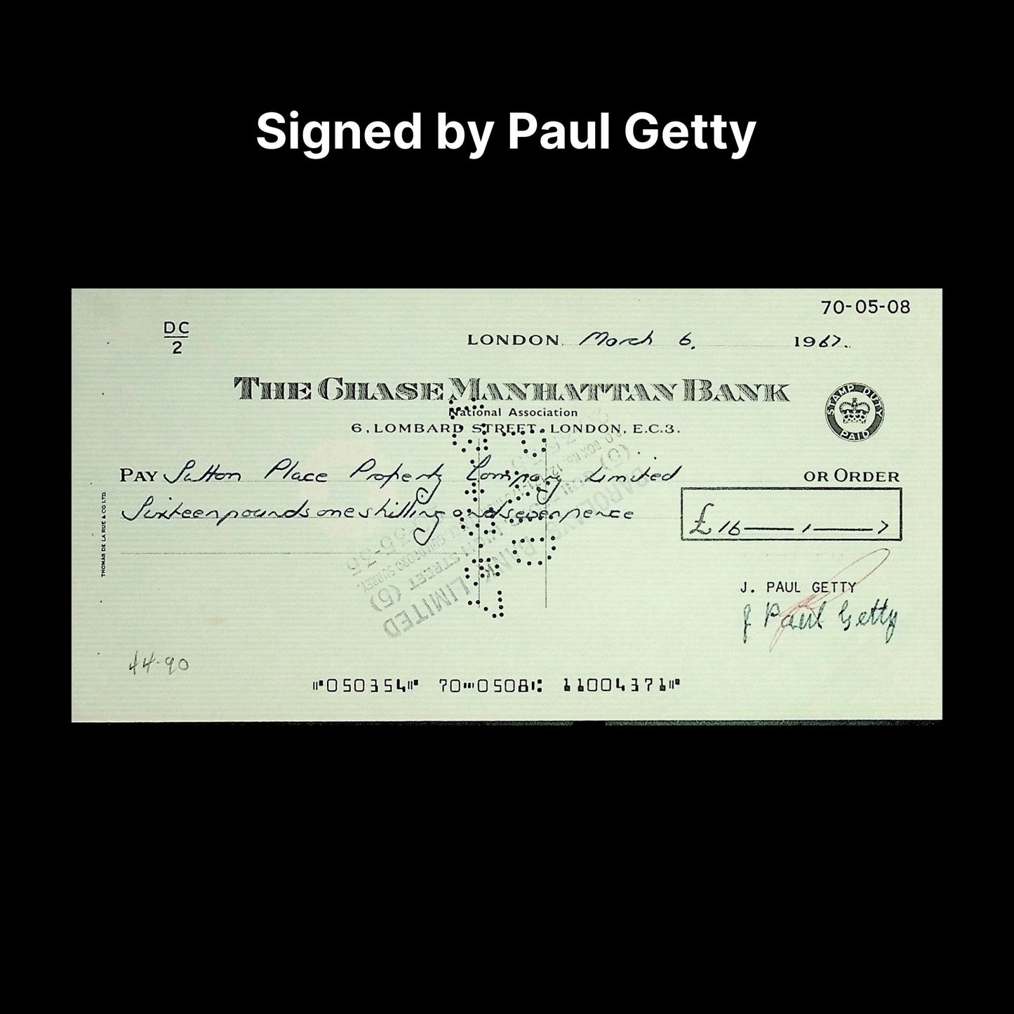 Signed check from The Chase Manhattan Bank with 'Signed by Paul Getty' text above