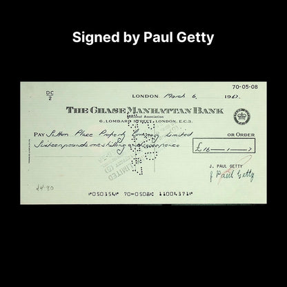 Signed check from The Chase Manhattan Bank with 'Signed by Paul Getty' text above