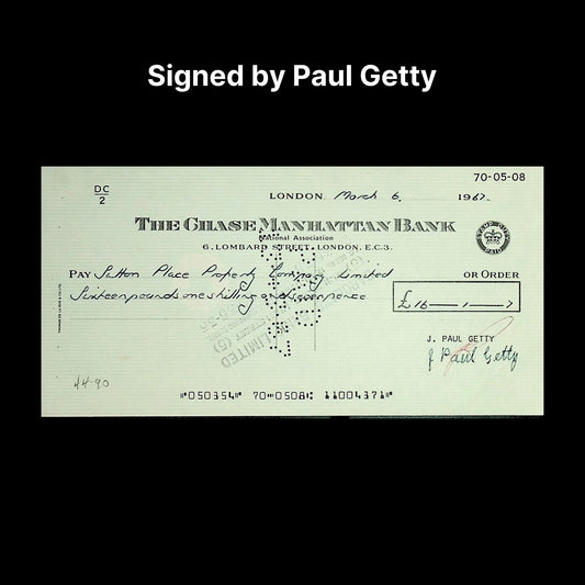 Signed check from The Chase Manhattan Bank with 'Signed by Paul Getty' text above