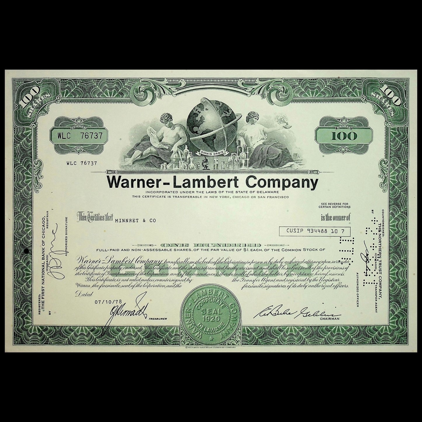 Warner-Lambert (maker of Listerine, Halls, Trident - now Pfizer) Company Stock Certificate