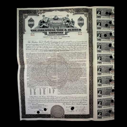 Firestone Tire & Rubber Company Bond Certificate from 1963 with coupons