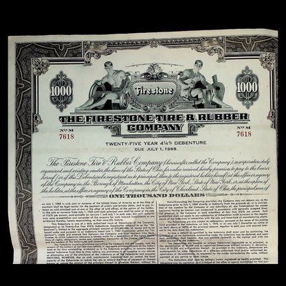 Firestone Tire & Rubber Company Bond Certificate from 1963 with coupons