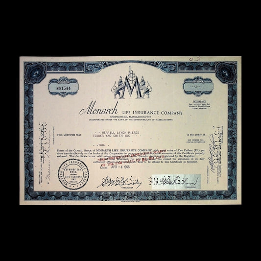 Monarch Life Insurance Company Stock Certificate from 1960s