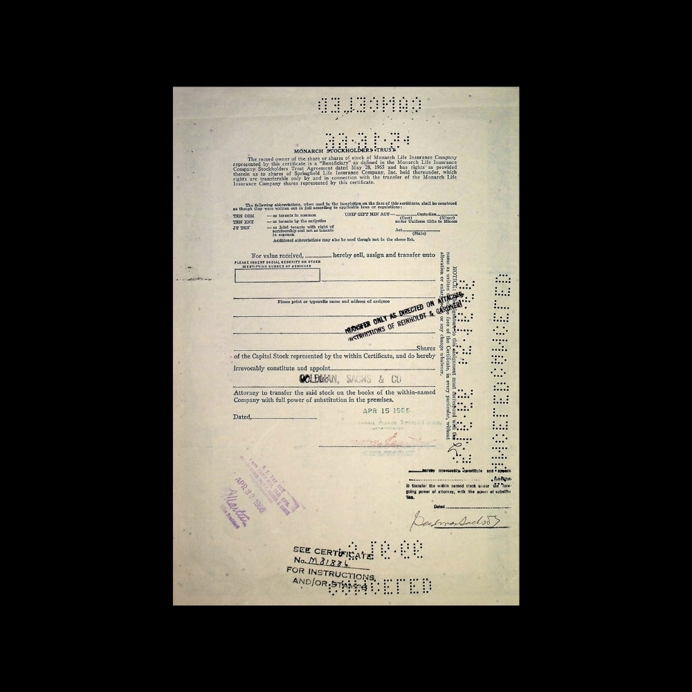 Monarch Life Insurance Company Stock Certificate from 1960s