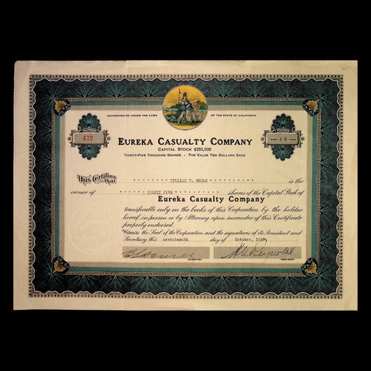 Eureka Casualty Company Stock Certificate from 1929 (Blue and Yellow, California)