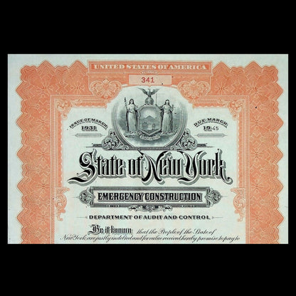 State of New York Emergency Construction Bond Certificate from 1940s