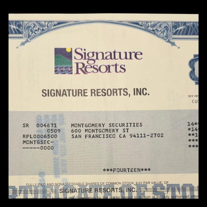 Signature Resorts (现为 Sunterra) Inc 股票证书