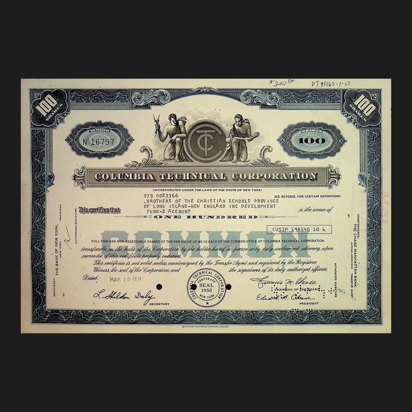 Columbia Technical Corporation Stock Certificate from 1970s