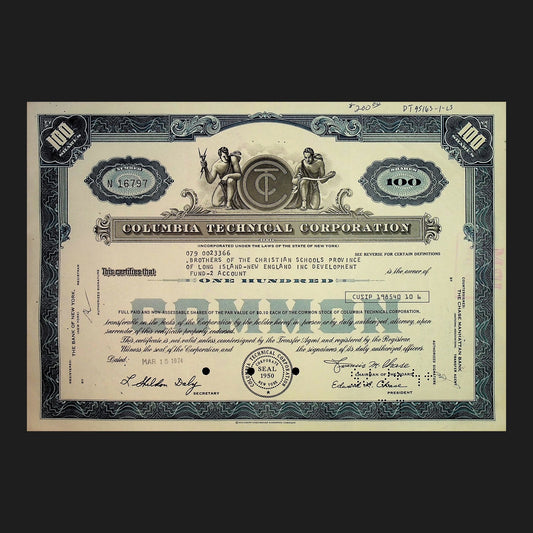 Columbia Technical Corporation Stock Certificate from 1970s