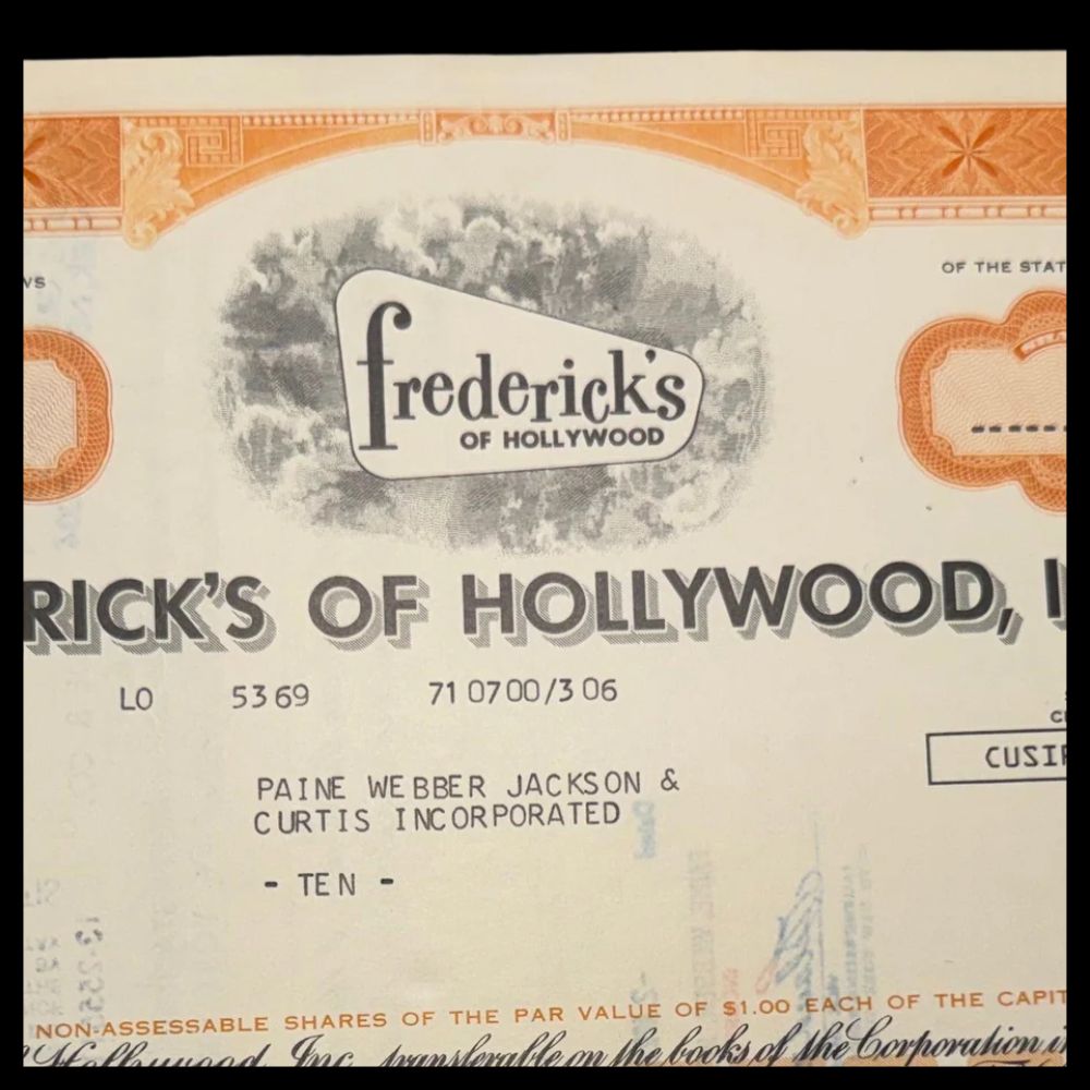 Fredrick's of Hollywood 股票证书（洛杉矶女性内衣店）