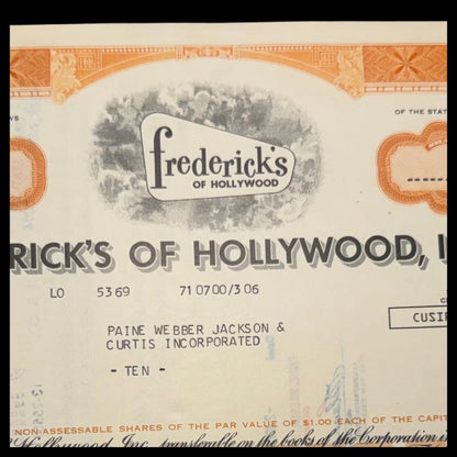 Fredrick's of Hollywood 股票证书（洛杉矶女性内衣店）