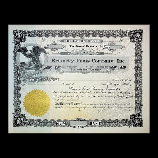 Kentucky Pants Company, Inc Stock Certificate from 1940s/50s