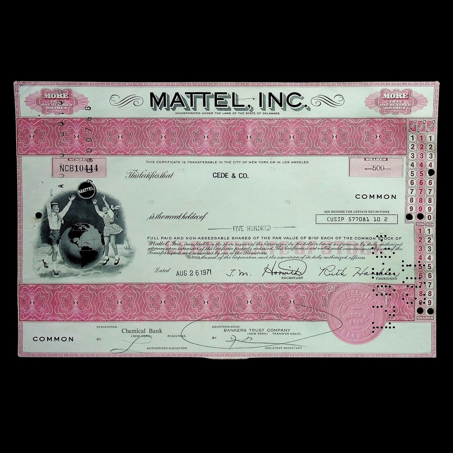 Mattel Inc Stock Certificate (Toy Company) $MAT from 1970s