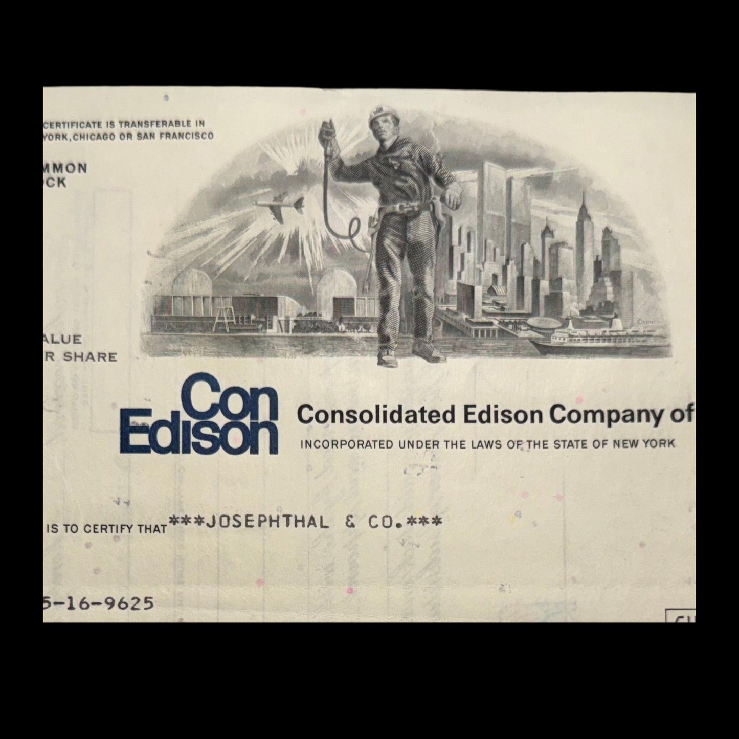 ConEd (Consolidated Edison Company of New York) Stock Certificate - Featuring Twin Towers / NYC Skyline