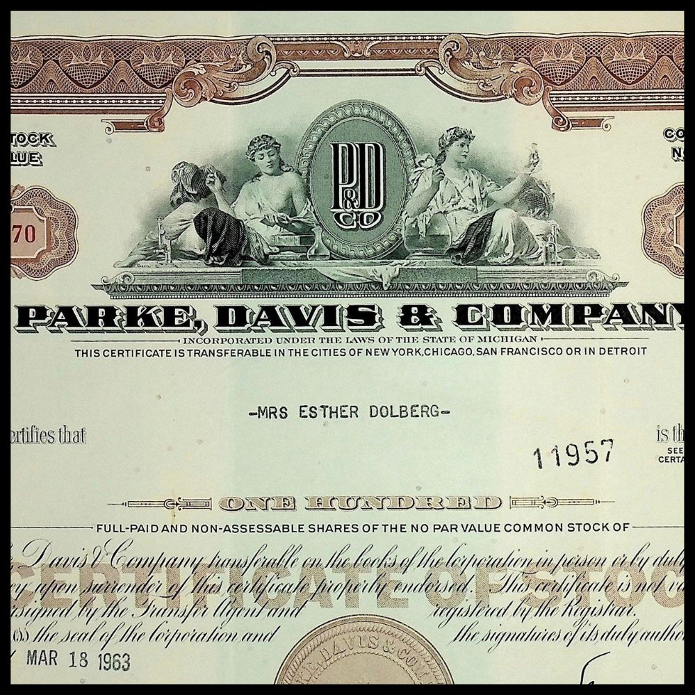 Park, Davis and Company (now Pfizer) Stock Certificate from 1960s