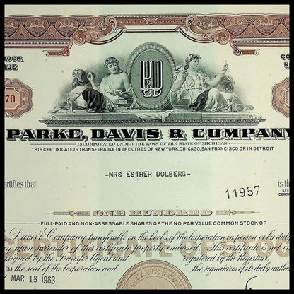 Park, Davis and Company (now Pfizer) Stock Certificate from 1960s