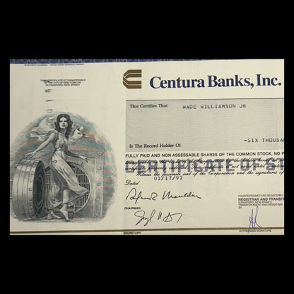 Centura Banks (RBC, now PNC Bank) Inc Stock Certificate from 1997