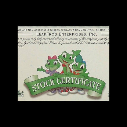 LeapFrog Stock Certificate from 2007 - Featuring colorful frogs