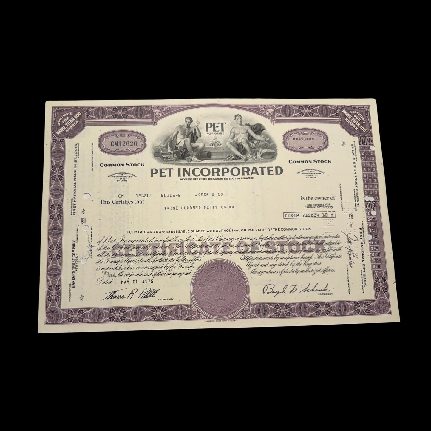 PET Incorporated (now J.M. Smucker/ Dean Foods) Stock Certificate from 1975