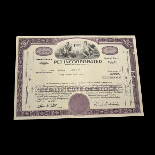 PET Incorporated (now J.M. Smucker/ Dean Foods) Stock Certificate from 1975