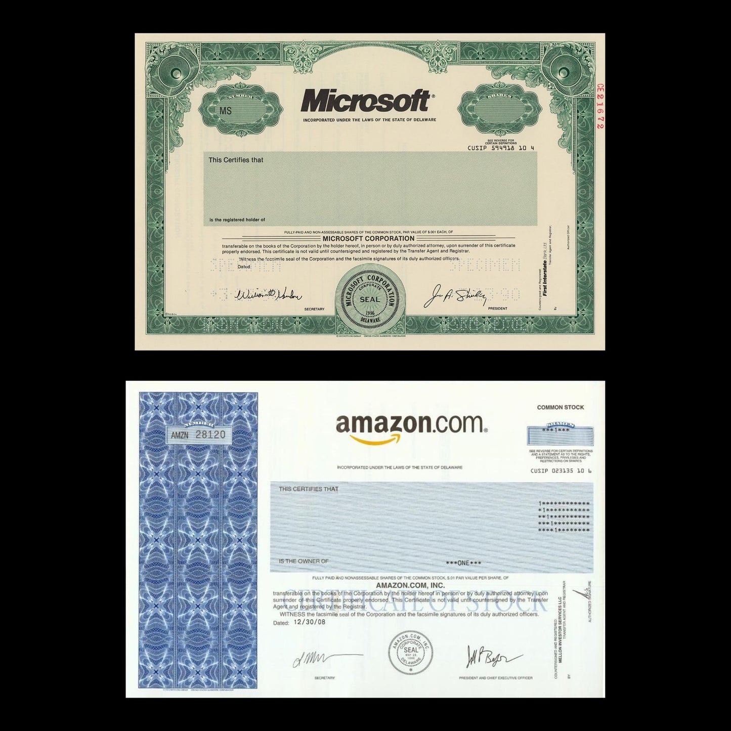 4x Stock Certificate Replica Postcard Pack of Iconic American Companies