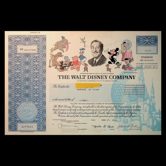The Walt Disney Company Stock Certificates from 90s to 2000s ft Mickey Mouse and friends