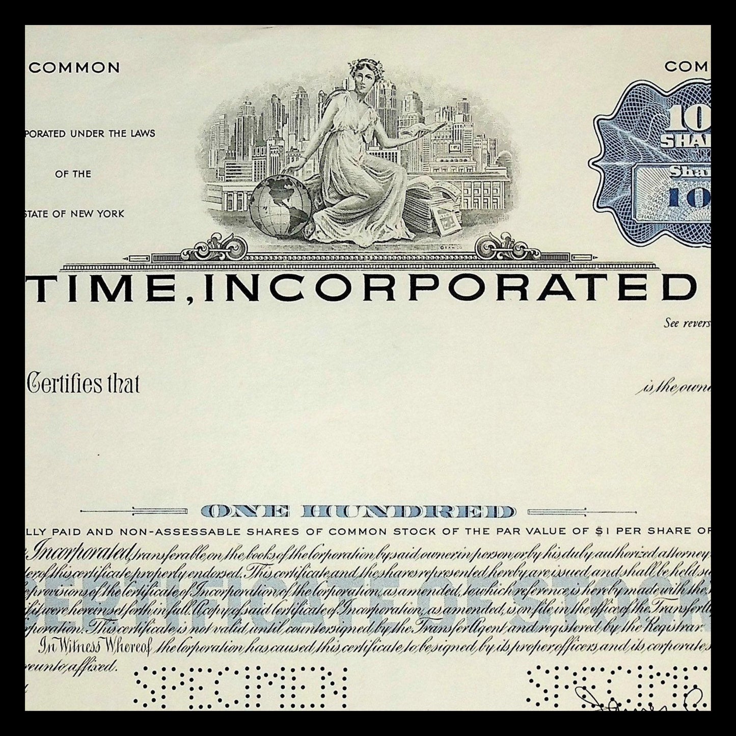 Time, Incorporated Stock Certificate Specimen from 1969