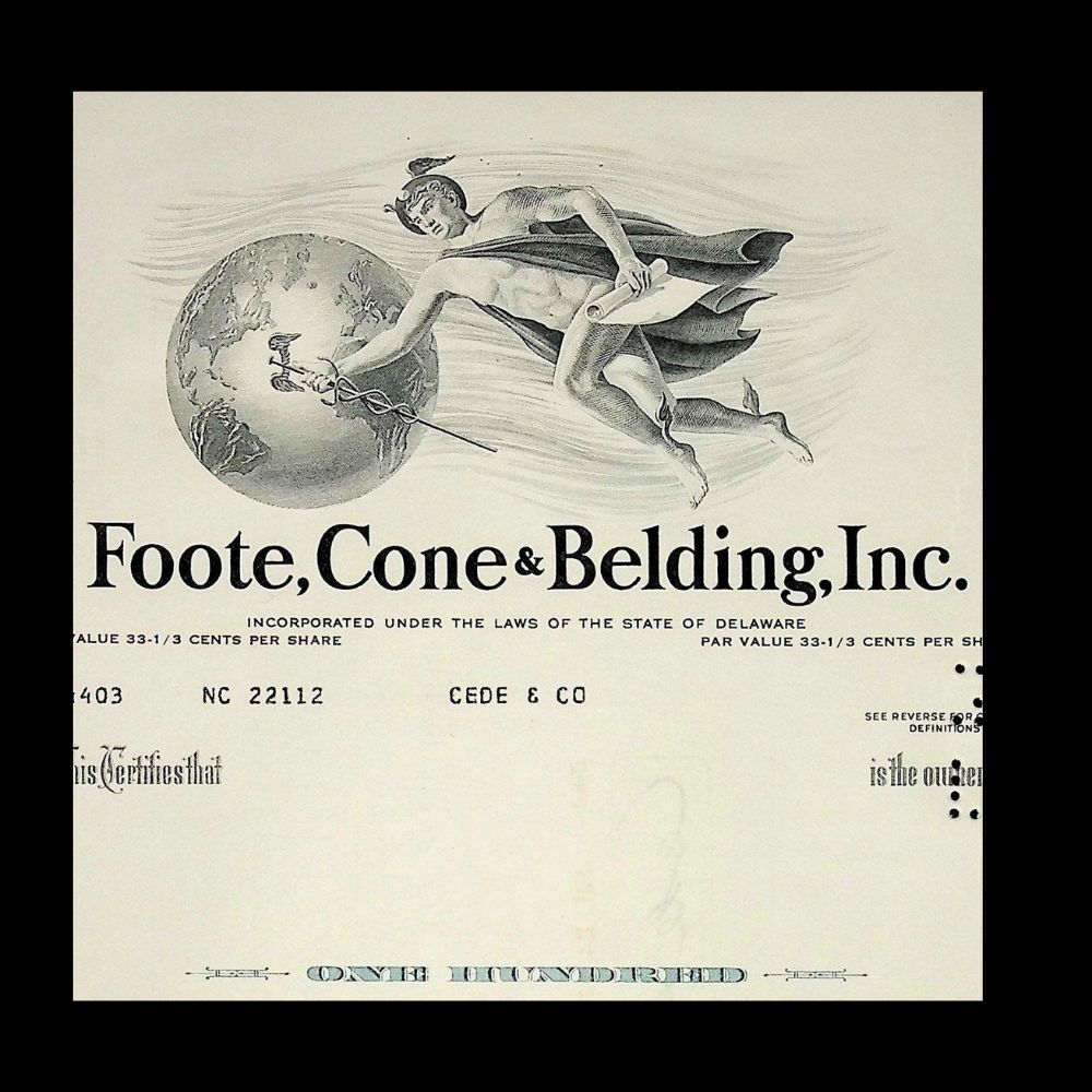 Foote, Cone & Belding (Now IPG/ FCB Advertising Agency) Inc Stock Certificate