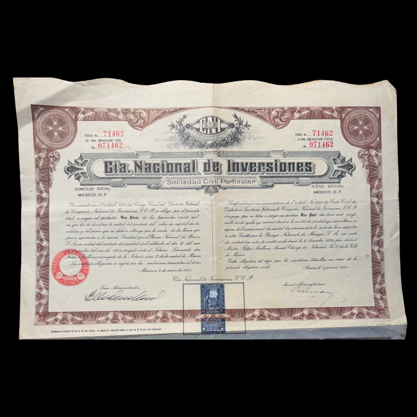 中央情报局。 Nacional de Inversiones Sociedad Civil Special（墨西哥投资公司）股票证书 1935 年