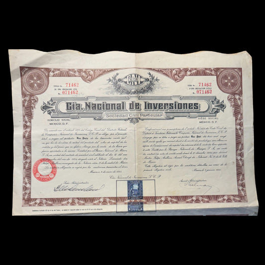 Cia. Nacional de Inversiones Sociedad Civil Particular (Mexican Investment Co) Stock Certificate 1935