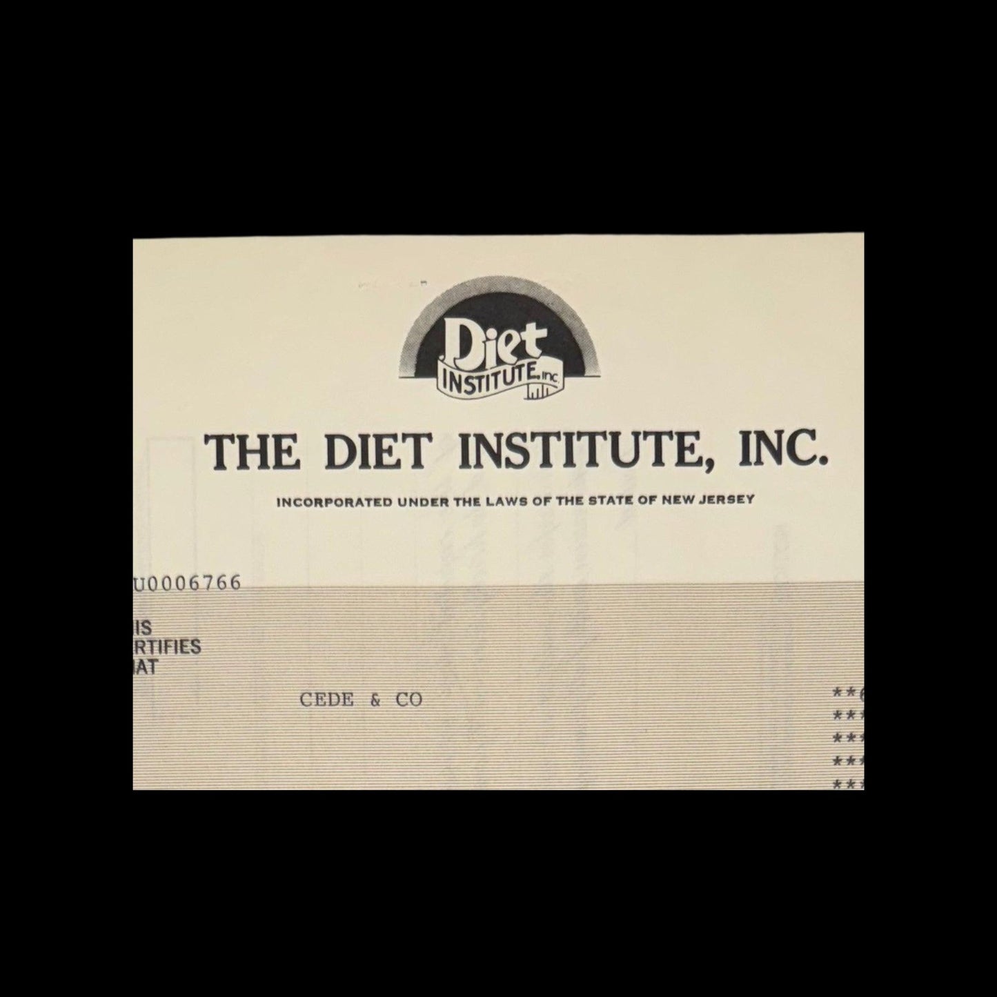 The Diet Institute Inc Stock Certificate from 1980s