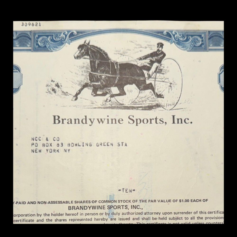 Brandywine Sports, Inc Stock Certificate from 1970s Horseracing