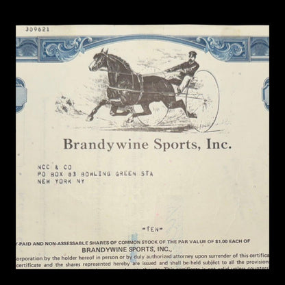 Brandywine Sports, Inc Stock Certificate from 1970s Horseracing