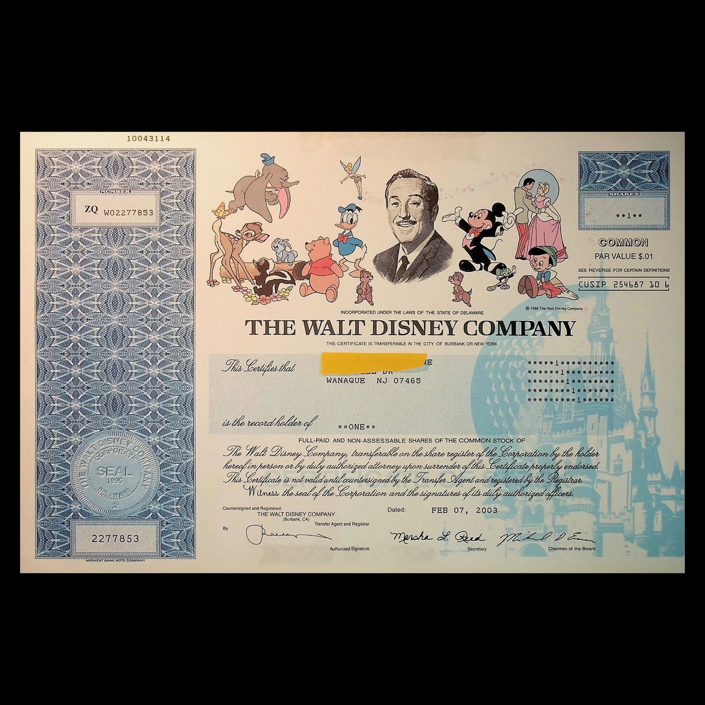 The Walt Disney Company Stock Certificates from 90s to 2000s ft Mickey Mouse and friends