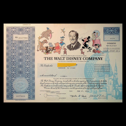 The Walt Disney Company Stock Certificates from 90s to 2000s ft Mickey Mouse and friends