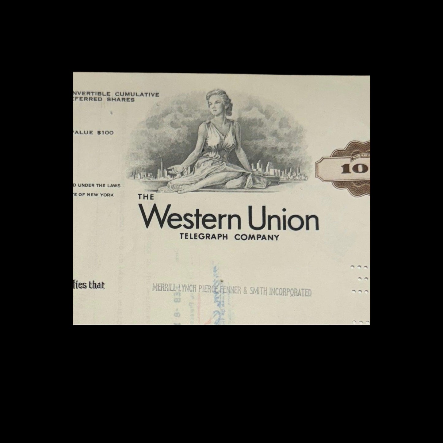 Western Union Telegraph Company Stock Certificate from 1960s - Red/Brown